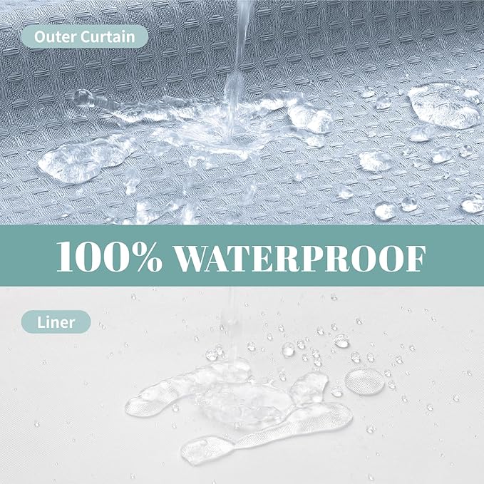 eachope ForstBlue No Hook Waffle Weave Shower Curtain with snap-in Liner Replacement, 230GSM Waterproof Fabric Hotel Shower Curtain Set for Bathroom, Through Mesh Top Window,54Wx80H
