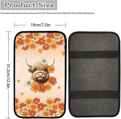 UNICEU Flowers Highland Cow Armrest Cover Pad, Universal Fit Car Center Console Cushion Pad, Anti Dirty Scratch Proof Car Seat Box Cover for Most Vehicle Truck Cars