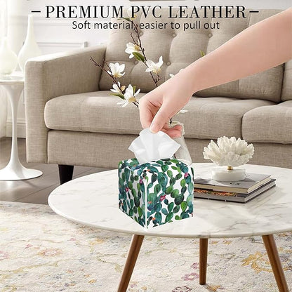 POIUBLE Leather Tissue Box Holder Watercolour Cactus Tissue Box Cover Square Waterproof Tissue Holder Organizer Modern Napkin Holder for Bedroom Dresser Night Stand Office Desk