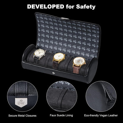 DUKWIN Watch Roll for 3 Watches,Vegan Leather Travel Watch Case Organizer with Removable Pillows for Men and Women,Display Case for Watches Collection and Gift for Anniversary Birthday(Black Storage)