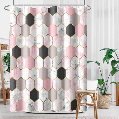 Culudea Geometric Gold Pink Shower Curtain Set, Gray Marble Vintage Bathroom Window Waterproof Shower Curtain Set for Bathroom Decor