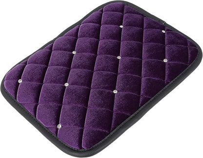 X AUTOHAUX Universal Car Center Console Cover, Plush Fabric Armrest Cushion Pad with Rhinestone Design, Purple