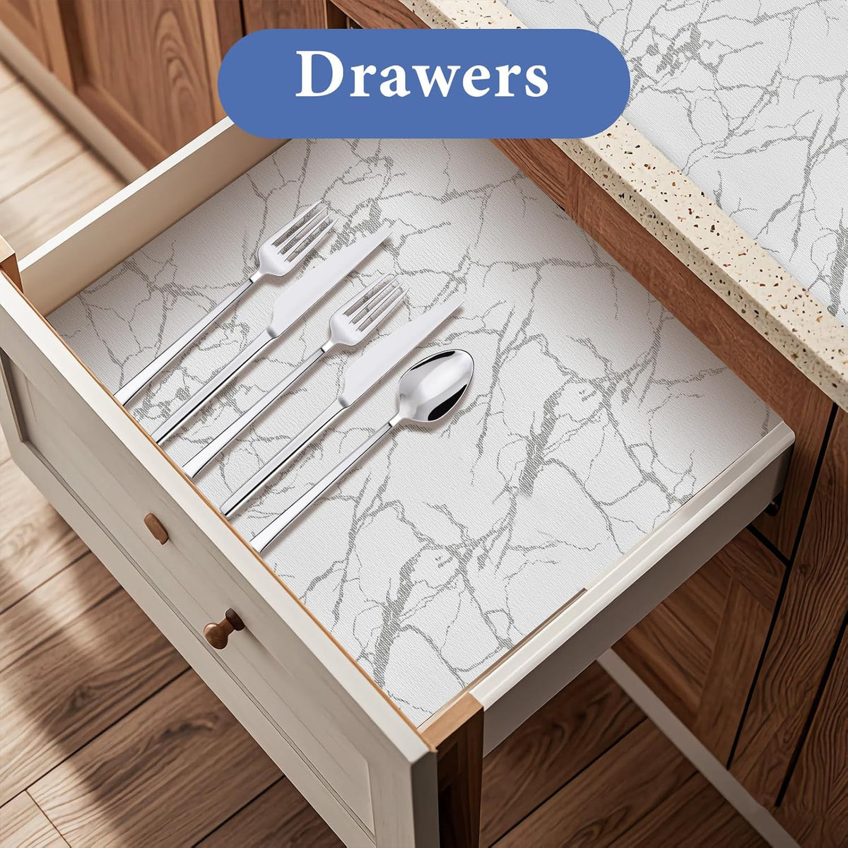 Drawer and Shelf Liner for Kitchen Cabinet: 23.6 in X 20 Ft Non Slip Waterproof Shelf Paper Non Adhesive Refrigerator Liners Silver Marble Easy Liners for Bathroom with Knife Tape Measure