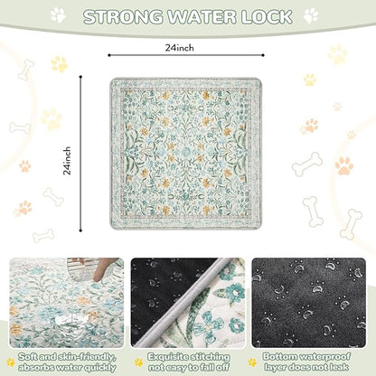 Lahome Washable Reusable Pee Pads for Dogs - Beige Botanical Floral 2 Pack Puppy Pads, Super Absorbent & Waterproof Training Mats for Crate & Floor - Leakproof with Non-Slip Backing (24"x24")