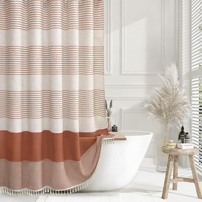 XOGUIBO Coral Shower Curtain Boho Linen Striped Shower Curtains for Bathroom with Tassel 72 X 72