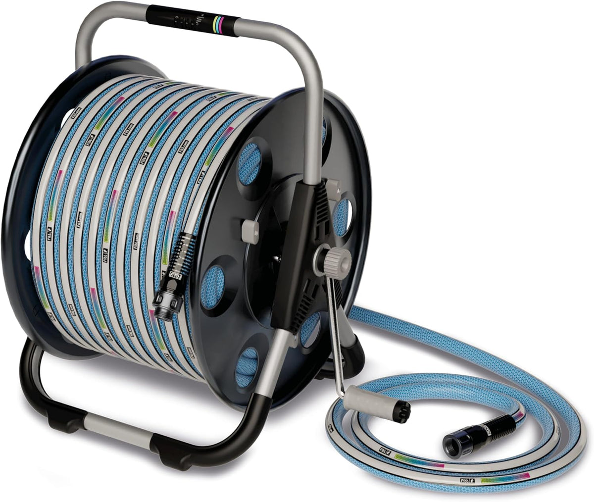 FITT Quantum durable, movable metal hose reel for floor or wall mounting, with durable, kink-proof and ultra-flexible NTS Water Hose 100-Feet x 5/8-Inch