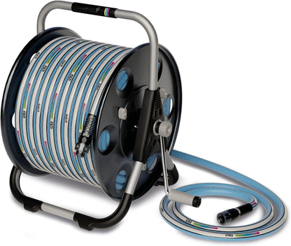 FITT Quantum durable, movable metal hose reel for floor or wall mounting, with durable, kink-proof and ultra-flexible NTS Water Hose 100-Feet x 5/8-Inch