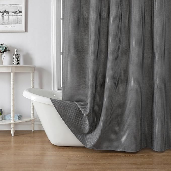 meioro Grey Shower Curtain, Waffle Weave 256GSM Heavy Duty Textured Fabric Shower Curtains for Bathroom Hotel Spa, Luxury Weighted Polyester Cloth Bath Curtain Set with 12 Hooks, 72Wx96H