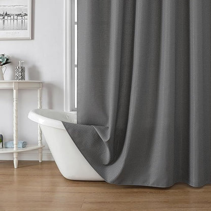 meioro Grey Shower Curtain, Waffle Weave 256GSM Heavy Duty Textured Fabric Shower Curtains for Bathroom Hotel Spa, Luxury Weighted Polyester Cloth Bath Curtain Set with 12 Hooks, 72Wx84H
