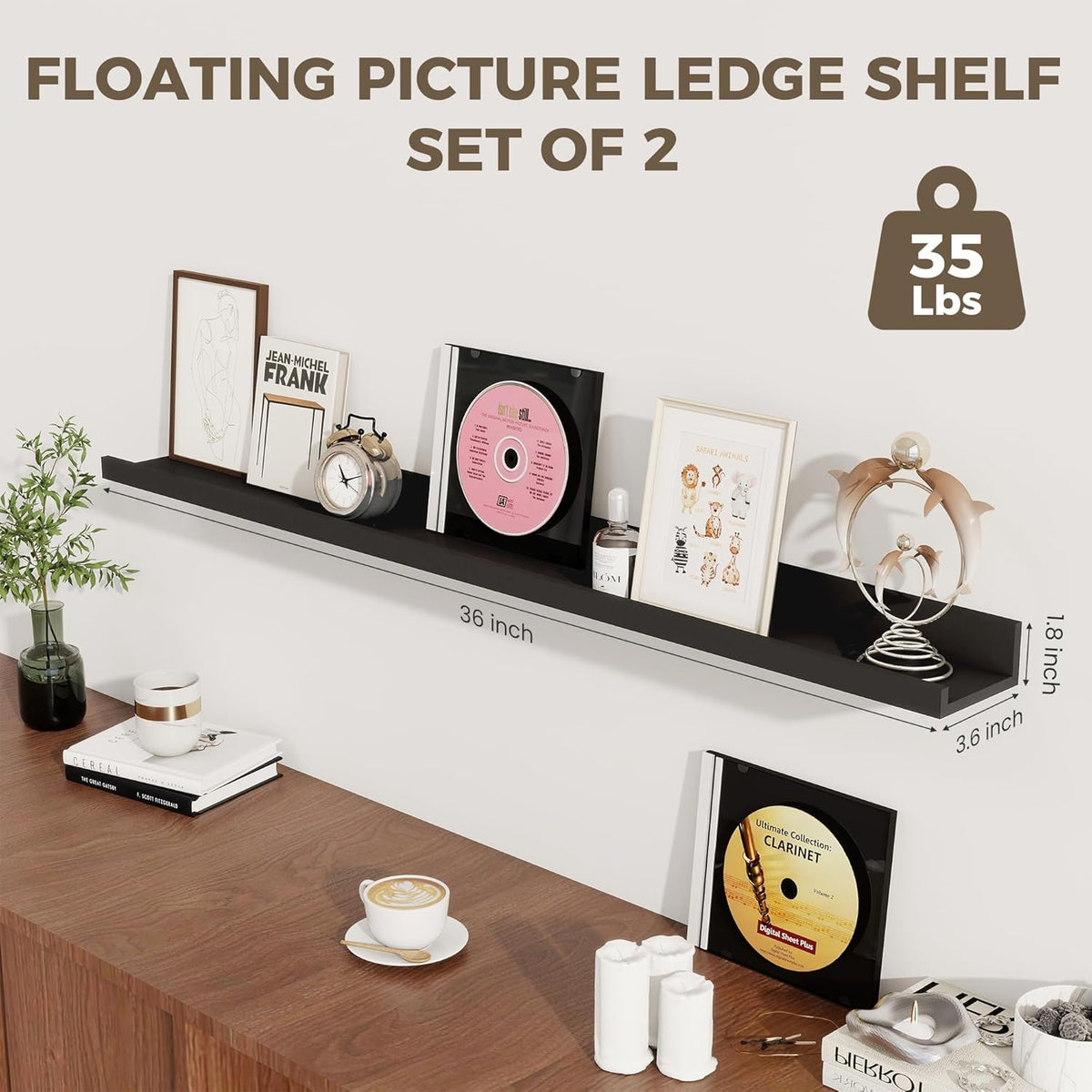 Axeman Floating Shelves for Wall - Picture Ledge Shelf Set of 2-36 Inch Black Floating Shelves with Lip - Picture Shelf for Wall with Ledge - Photo Ledge Shelves for Pictures Nursery Books
