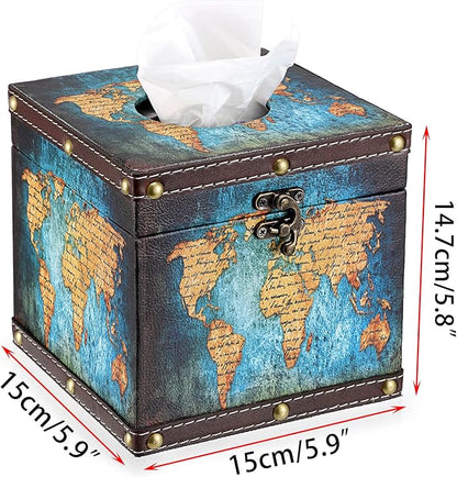 Sumnacon Retro Wood Square Tissue Box Cover - Vintage Cube Tissue Box Holder, Decorative Facial Tissue Holder for Bedroom Bathroom Dresser Night Stand Table Car Store Office Home Decor, Green