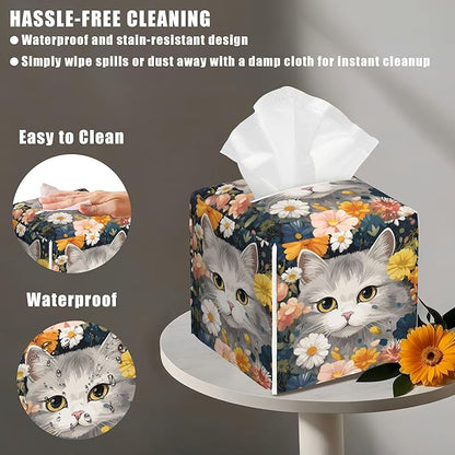 BLYKVGHQ Square Tissue Box Cover Cute Cat with Colorful Flowers Tissue Box Holder Facial Cube Paper Dispenser Leather Decorative Organizer Home Office Desk Decor, 5.2"x5.2"x5.2"