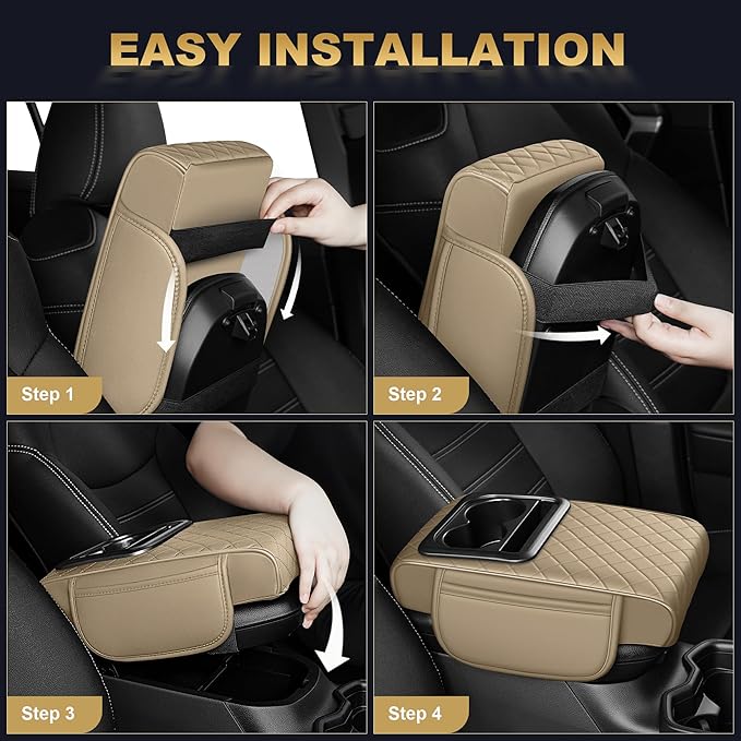 Center Console Cover for RDX: Armrest Cover for Car with 2 Storage Bags - Waterproof Leather Center Console Cover with Cup Holder for Car,Anti-Scratch Auto Armrest Pad Accessory （Beige