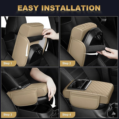Center Console Cover for TL: Armrest Cover for Car with 2 Storage Bags - Waterproof Leather Center Console Cover with Cup Holder for Car,Anti-Scratch Auto Armrest Pad Accessory （Beige