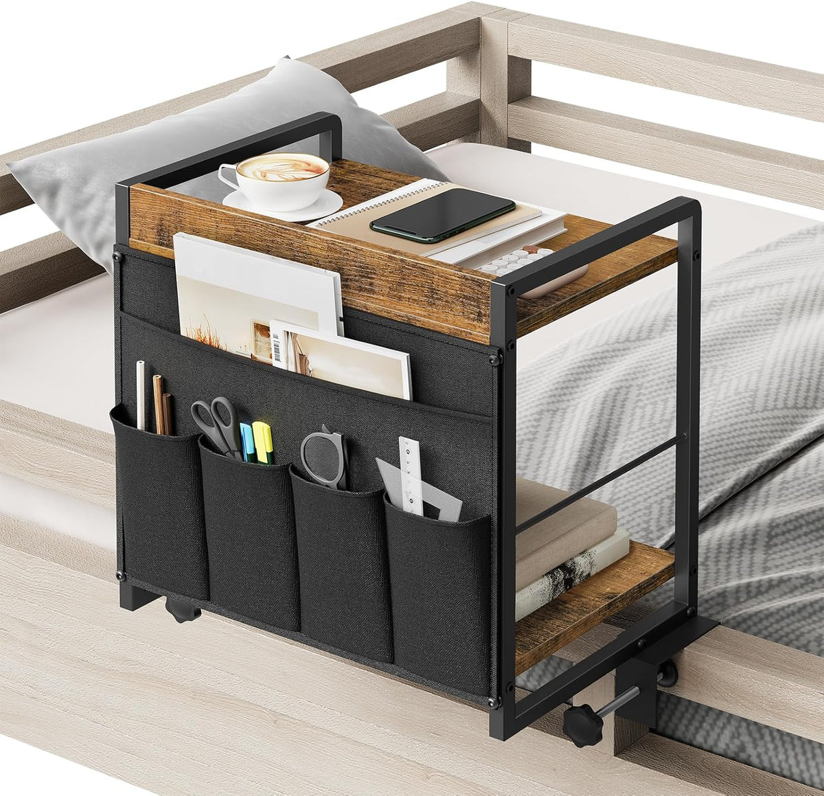2-Tier Bedside Shelf, Bed Tray Shelf with Fabric Pockets Storage, Clip-on Loft & Bunk Bed Shelf for College, Nightstand for Sofa, Bedroom, Apartment, Rustic Brown and Black ET20BR