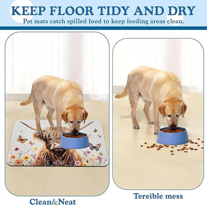 Highland Cow Butterfly Dog Food Mat–Christmas Stocking Absorbent Quick Dry Feeding Placemat for Food and Water Bowls, Non Slip Rubber Backing, Waterproof Pet Supplies for Mess-Free Eating 16"x24"