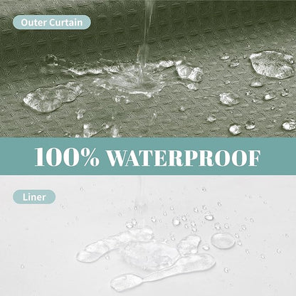 eachope SageGreen Extra Long No Hook Waffle Weave Shower Curtain with snap-in Liner Replacement, 230GSM Waterproof Fabric Hotel Shower Curtain Set for Bathroom, Through Mesh Top Window,71Wx86H