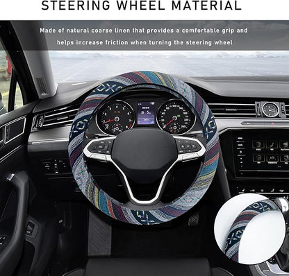 Boho Steering Wheel Cover, 15.0"×15.0" Anti-Slip Baja Blanket Ethnic Steering Wheel Protector, Breathable Flax Cloth Elastic Bohemian Steering Wheel Cover, Car Accessories (Style D)