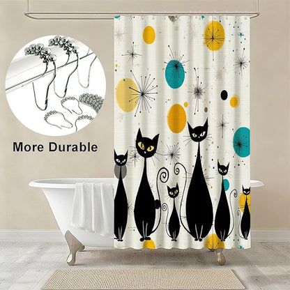 mutakin Mid Century Shower Curtain Cute Cats Shower Curtains for Bathroom Waterproof Fabric Bath Curtain Decor with Hooks