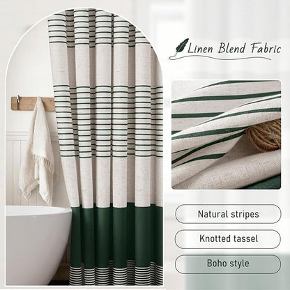 XOGUIBO Dark Green Shower Shower Curtain Boho Linen Striped Shower Curtains for Bathroom with Tassel 72 X 72