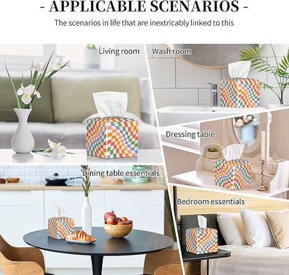 POIUBLE Tissue Box Holder Wavy Checkerboard Tissue Box Cover Square Leather Tissue Holder Organizer Portable Decorative Facial Paper Case for Home Office Bathroom Vanity Countertop