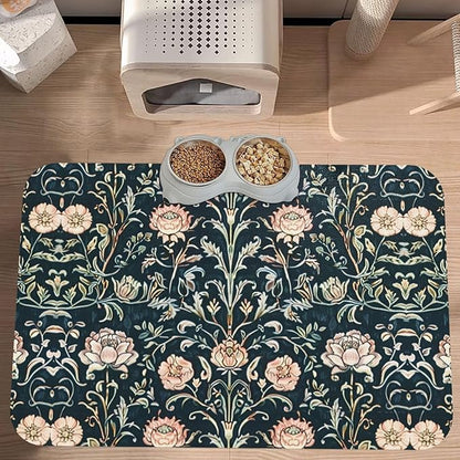 Pink Vintage Flower Dog Food Mat Absorbent Bowl Mats No Stains Quick Dry Waterproof Pet Cat Placemats for Food and Water, 30x45cm