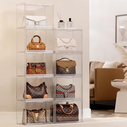 HBlife 20 Pack Purse Storage Organizer for Closet, Large Clear Stackable Handbag Display Case Box with Magnetic Door for Collectibles, Cosmetics, Women Heels and Toys