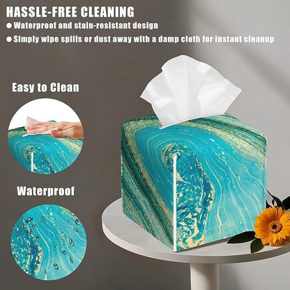 Leather Tissue Box Holder Turquoise and Gold Liquid Marble Tissue Box Cover Facial Paper Case Organizer Cube Napkin Dispenser for Bathroom Vanity Countertop Night Stand Office Car