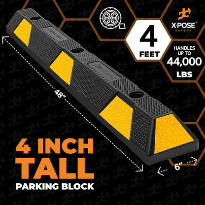 Xpose Safety 48" Heavy Duty Rubber Parking Stopper – 1 Pack Wheel Blocks for Garage, Driveway, or Ramp – Car Bumper Stop with Yellow Reflective Strips – Removable Floor Mount