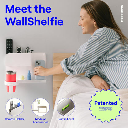 WallShelfie Bedside Wall Organizer & Bedside Shelf, Room Decor, Dorm Room Essential, Floating Bedside Shelf Wall Mount Organizer, Remote Control Holder, RV Accessories, Floating Shelves (White)