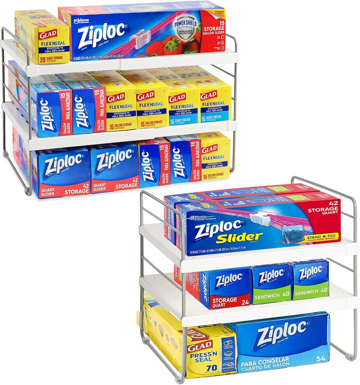 2 Pack Pantry Organization and Storage, Expandable Foil and Plastic Wrap Organizer, Adjustable Kitchen Wrap Organizer Rack for Cabinet, Foil Saran Wrap Holder Shelf for Sandwich Plastic Bags Box,