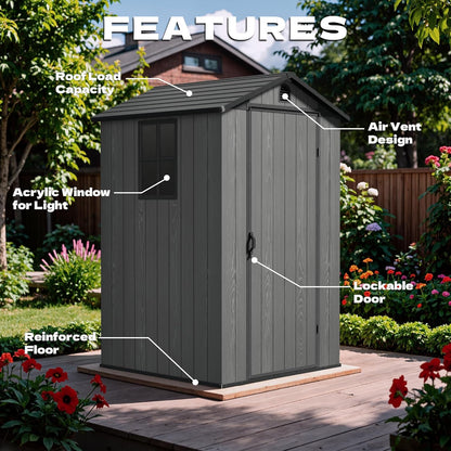 Devoko 4x4 FT Outdoor Shed, Compact & Secure Plastic Resin Storage with Lockable Door, Features Built-in Floor & Window for All-Weather Garden, Patio, and Poolside Organization, Deep Gray