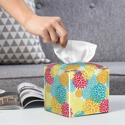 POIUBLE Chrysanthemum Flower Tissue Box Cover Leather Tissue Box Holder Square Facial Paper Organizer Dispenser for Bathroom Kitchen Bedroom Vanity Countertop Night Stands