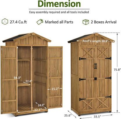Macrout Outdoor Storage Cabinet, 75 Inches Lockable Wooden Storage Shed with Removable Shelves, Tall Tool Shed with for Yard Patio Lawn, 1165
