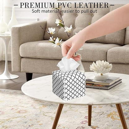 POIUBLE Leather Tissue Box Holder Black and White Quatrefoil Tissue Box Cover Square Waterproof Tissue Holder Organizer Modern Napkin Holder for Bedroom Dresser Night Stand Office Desk