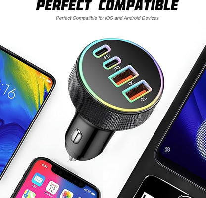 4 in 1 USB C Car Charger, 4-Port 90W PD QC Dual USB C & USB A Vehicle Fast Charging Cigarette Lighter Adapter, Multiport Auto Phone Charge Adapter, Fits 16 15 14 Pro Max Tablet (Black)