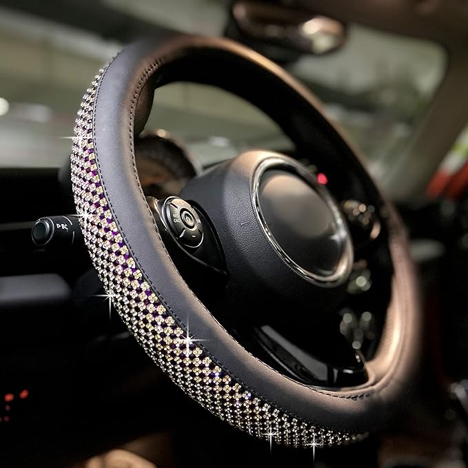 PINCTROT Large Size Bling Comfy Steering Wheel Cover with Jumbo Crystal Rhinestones, Anti-Slip Diamond Leather, 15.5-15.75 Inch (Purple)