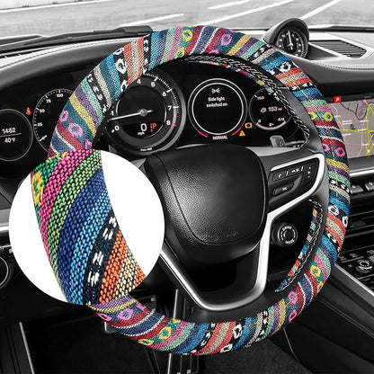 Boho Car Steering Wheel Cover, Ethnic Style Anti-Slip Coarse Flax Cloth Auto Wheel Cover, Bohemian Steering Wheel Protector for Most SUVs Vans Trucks, Car Accessories (Style A)