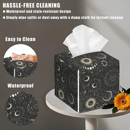 Zodiac Signs Leather Tissue Box Holder Moon Phases Tissue Box Cover Facial Paper Case Organizer Cube Napkin Dispenser for Bathroom Vanity Countertop Night Stand Office Car