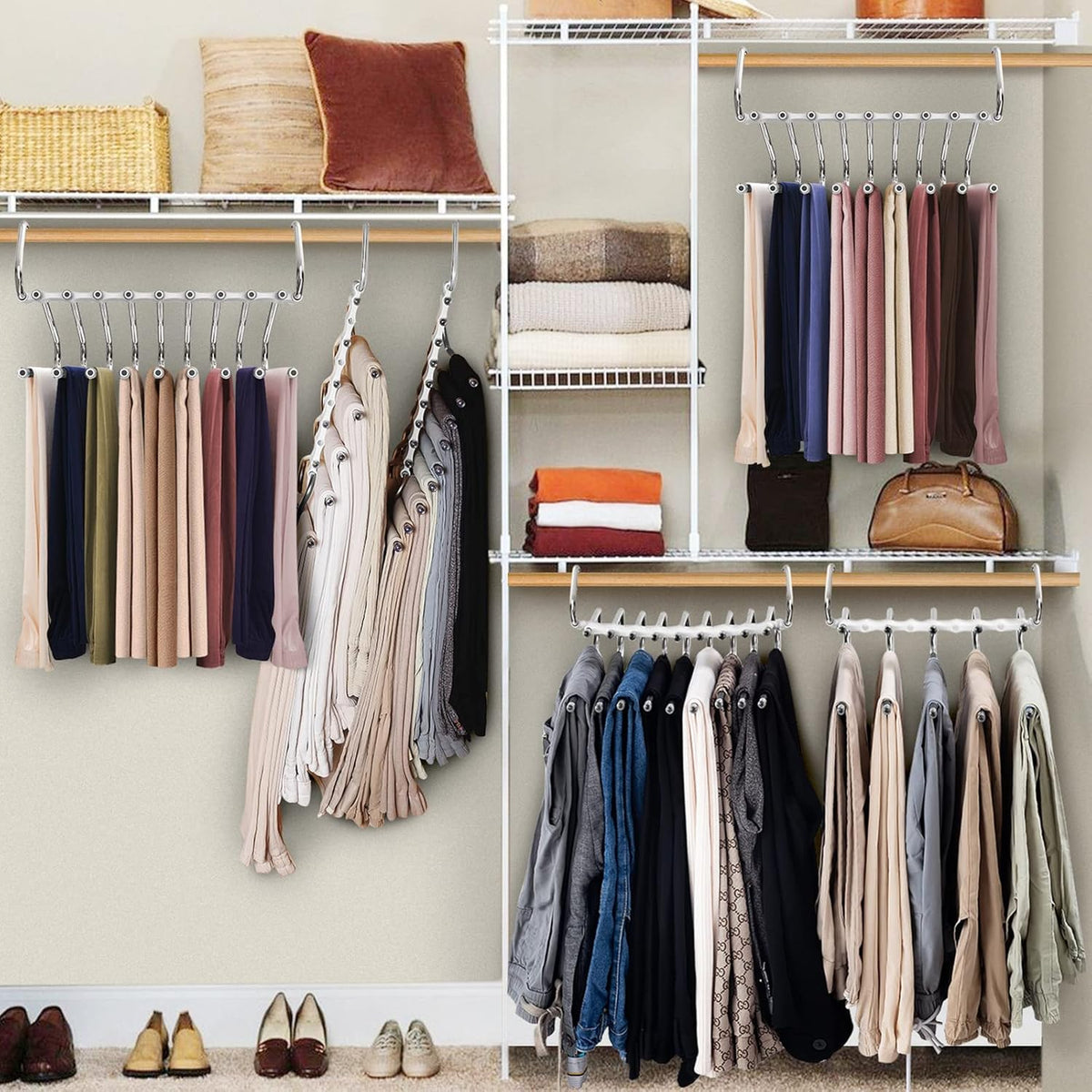 Upgrade 9 Layers Pants Hangers Space Saving, 2 Pack Multifunctional Pants Rack Non Slip Stainless Steel Clothes Space Saver Hangers Closet Organizers Storage for Pants Jeans Leggings, Creamy White