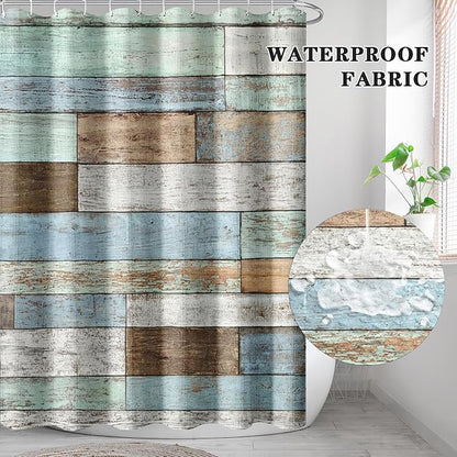 Culudea Wood Rustic Vintage Blue Brown Waffle Textured Cloth Shower Curtain Set, Farmhouse Retro Bathroom Window Waterproof Shower Curtains for Bathroom Decor