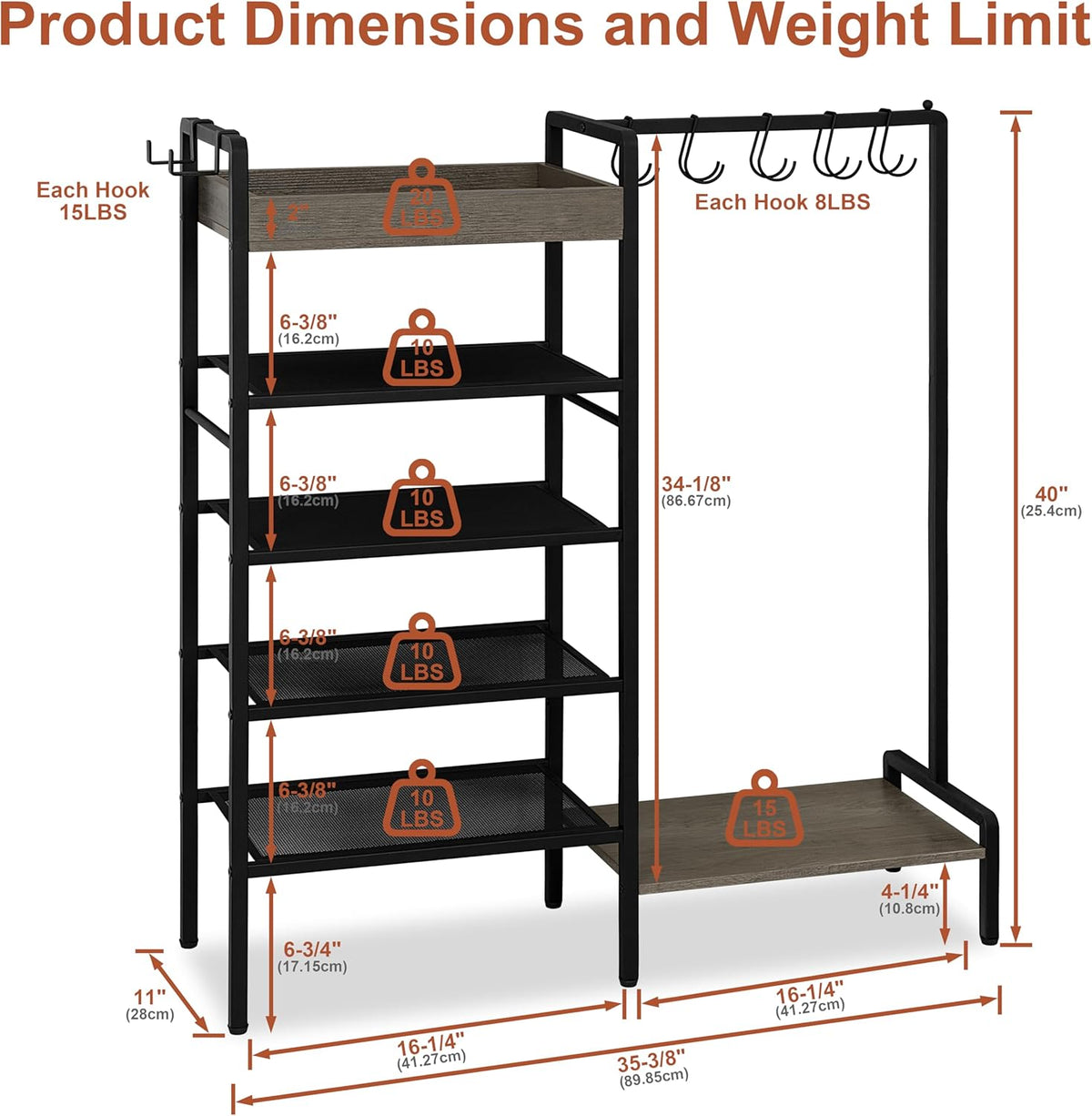 2-in-1 Shoe and Bag Organizer, 5 Tier Shoe Rack with Wooden Tray & 7 Hooks, Industrial Metal Shoe Shelf with Removable Shelves for Boot Storage, Perfect for Entryway, Closet, Garage, Black