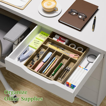 Acacia Wood Silverware Drawer Organizer, Kitchen Utensil Cutlery Drawer Organizer with Grooved Dividers, Flatware Organizer Silverware Tray Holder for Spoon, Fork, 13''x16.9'' (7 Slots)