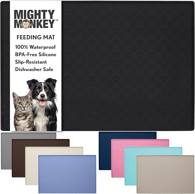 MIGHTY MONKEY 100% Waterproof Dog Food Mat, Raised Edges Silicone Pet Feeding Placemat for Cat, Dogs, Pet Bowls, High Lipped Tray Prevents Water Spills, Food on Floor, Dishwasher Safe, 18x12, Black
