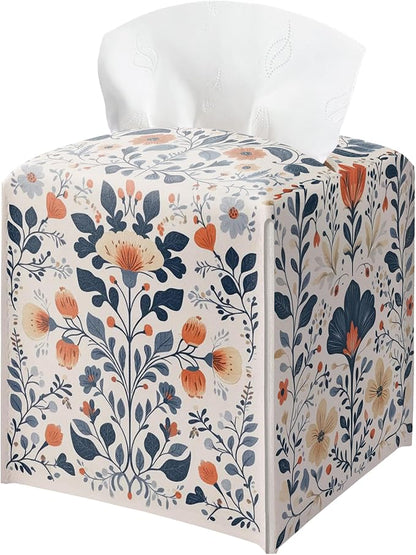 Floral Tissue Box Holder, Scandinavian Leather Tissue Box Cover Square, Paper Napkins Everyday Dispenser for Bathroom Vanity Countertop Night Stands Kitchen Office Car Home Decor