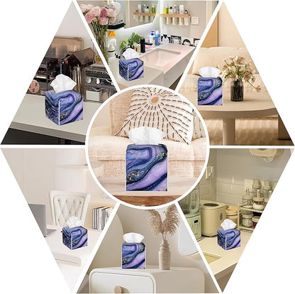 BLYKVGHQ Purple and Gold Marble Tissue Box Cover Square, Abstract Art Tissue Box Holder with Bottom Belt Leather Facial Paper Organizer Dispenser for Bathroom Bedroom Dresser Night Stand Tabletop