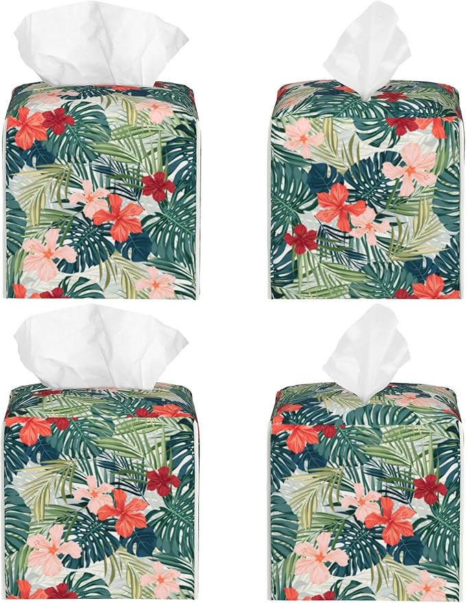 Palm Leaves and Flowers Tissue Box Cover Square,Tropical Plants and Floral Tissue Box Holder Waterproof Leather Facial Paper Organizer Dispenser for Bathroom Home Car Nightstand Vanity Desk
