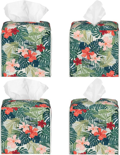 Palm Leaves and Flowers Tissue Box Cover Square,Tropical Plants and Floral Tissue Box Holder Waterproof Leather Facial Paper Organizer Dispenser for Bathroom Home Car Nightstand Vanity Desk