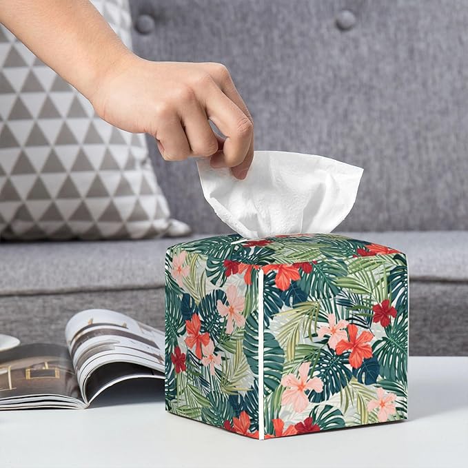 Palm Leaves and Flowers Tissue Box Cover Square,Tropical Plants and Floral Tissue Box Holder Waterproof Leather Facial Paper Organizer Dispenser for Bathroom Home Car Nightstand Vanity Desk