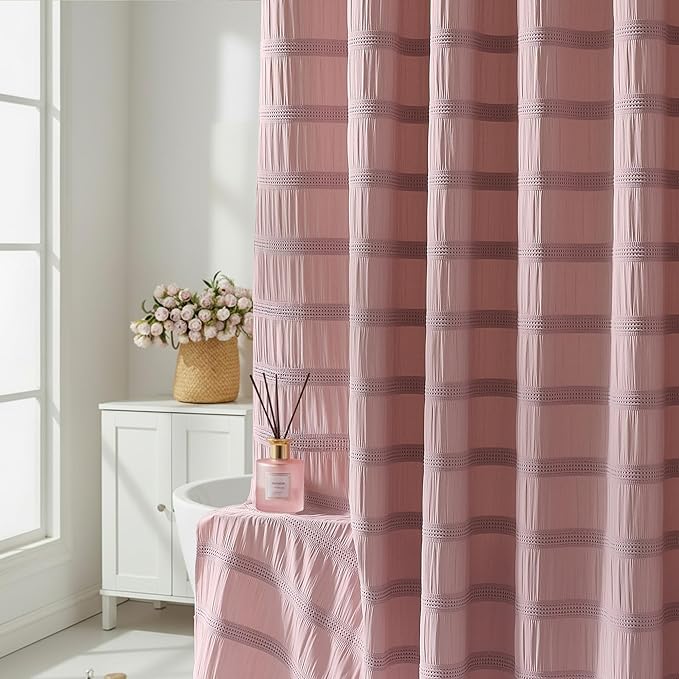 Lameirose Pink Shower Curtain Waffle Shower Curtain Striped Cotton Blend Textured Fabric Shower Curtains for Bathroom 72 x 72, Blush Pink